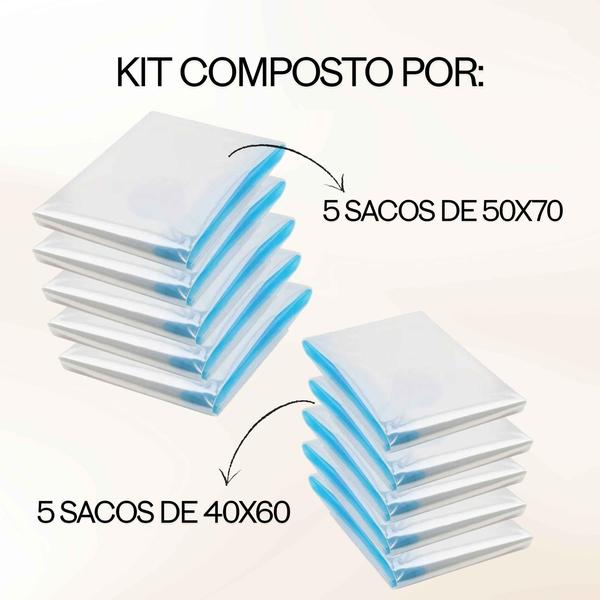 Imagem de Kit 10 sacos a vacuo para roupas ideal para mala de viagem não precisa de bomba nem aspirador ótimo para otimizar espaço