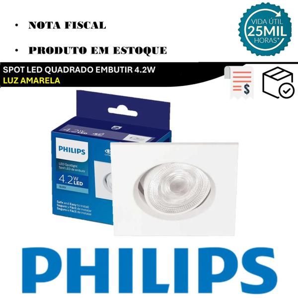 Imagem de Kit 10 Spot Led Philips Quadrado Embutir 4.2w Luz Quente 2700K