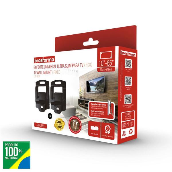 Imagem de Kit 10 Suporte para Tv Fixo Universal Ultra Slim 10 a 85 de Parede Brasforma SBRU859 Preto