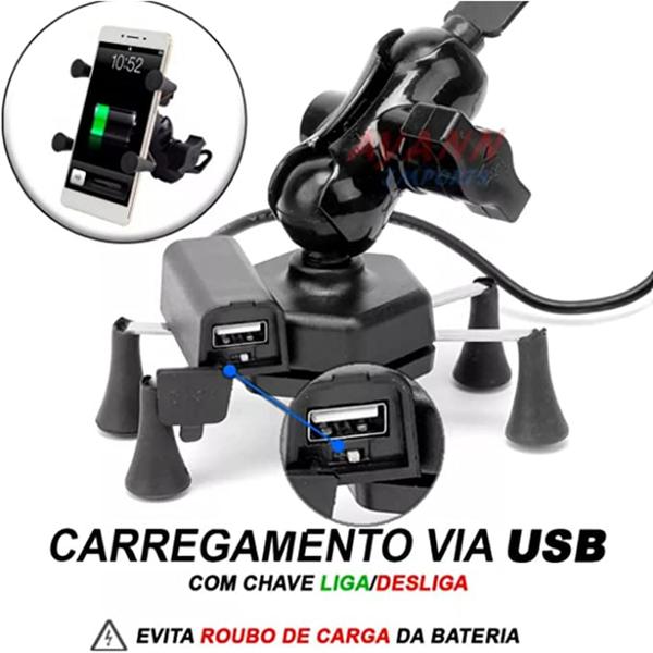 Imagem de Kit 10 Suportes Celular Moto Com Carregador Universal Usb Garra X M6S