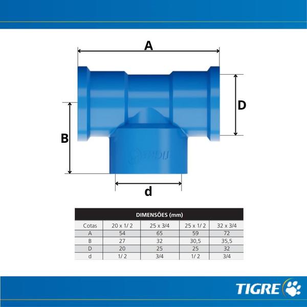 Imagem de Kit 10 Te Soldável Com Bucha Latão Rosca PVC Azul Canos Tubos Água Fria De 1/2" Polegadas 20mm Tigre