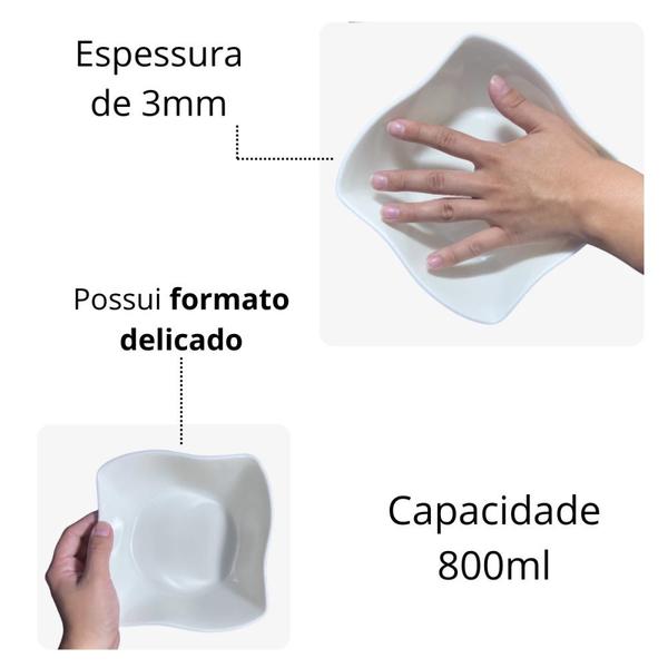 Imagem de Kit 10 Tigelas Cumbucas Quadradas Ondulada Delicada 800ml Pequenas Brancas para Salada e Fruteira em Melamina  Bestfer 