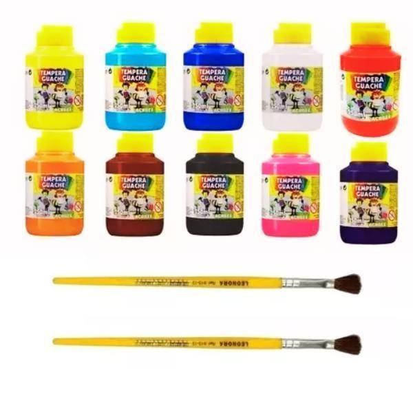 Imagem de Kit 10 Tinta Guache 250Ml Acrilex Cores Sortidas Com Pinceis