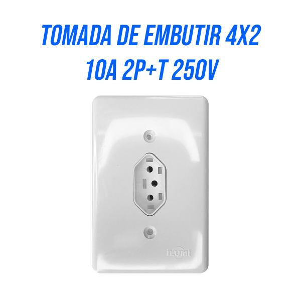 Imagem de Kit 10 tomada 10A 2P+T de embutir 4x2 Ilumi 2 pino + Terra 10A 250V