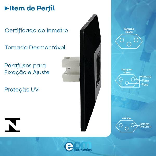 Imagem de Kit 10 Tomada Simples 2p+t 10A Com Placa Espelho Black Linha Dubai Bivolt 127v e 250v