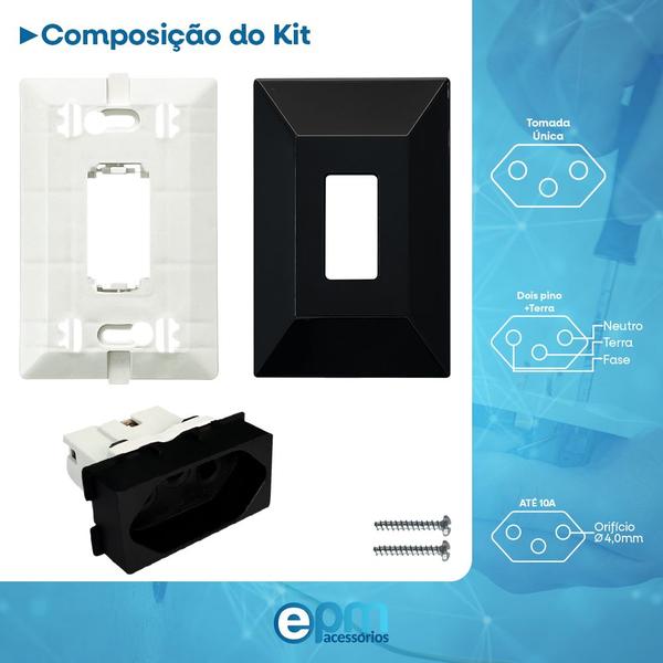 Imagem de Kit 10 Tomada Simples 2p+t 10A Com Placa Espelho Black Linha Dubai Bivolt 127v e 250v