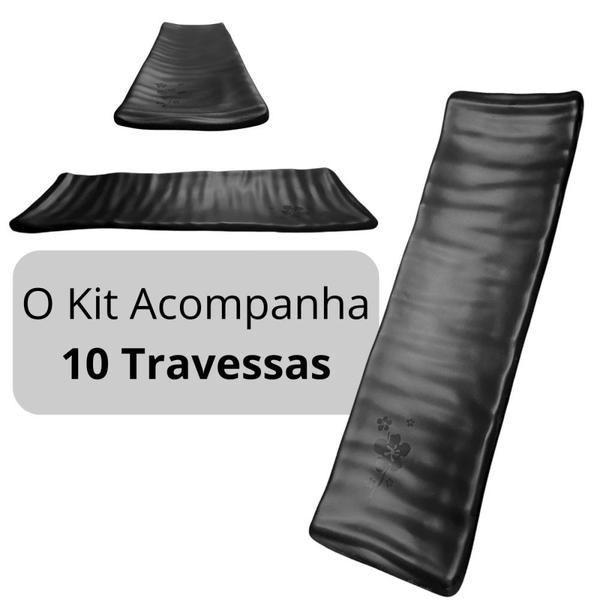 Imagem de Kit 10 Travessas Estriada para Sushi Kanpai Restaurante Comida Japonesa Oriental Melamina Preta  Bestfer 