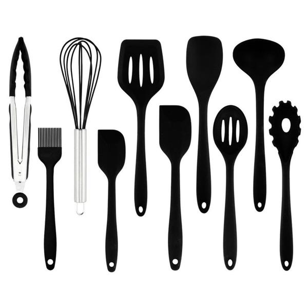 Imagem de Kit 10 Utensílios Cozinha Alta Temperatura Silicone Original Premium Reforçado - Preto ou Vermelho