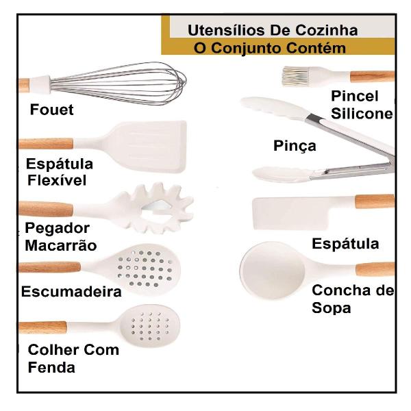 Imagem de Kit 10 Utensílios De Cozinha Silicone Branco Cabo De Madeira