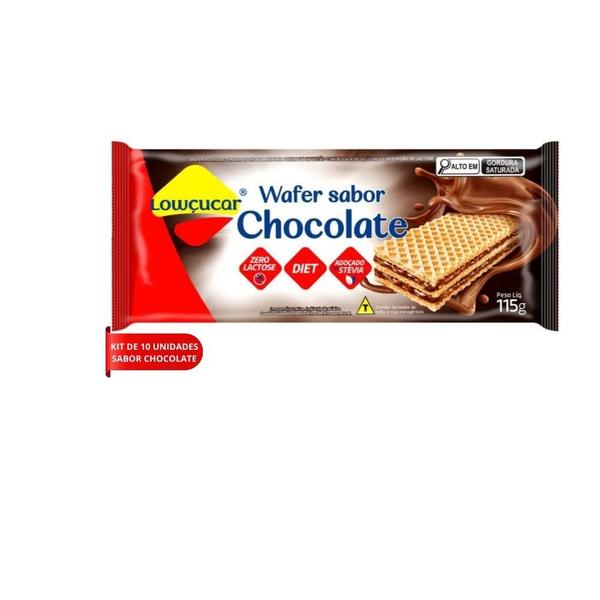 Kit 10 wafer sabor chocolate zero acucar zero lactose zero gordura trans baixo teor de sodio lowcucar 115g - Lowçucar Imagem de Kit 10 wafer sabor chocolate zero acucar zero lactose zero gordura trans baixo teor de sodio lowcucar 115g