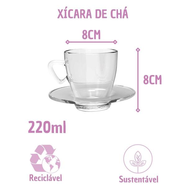 Imagem de Kit 10 Xícaras Chá Vidro 220mL C/ Pires Moderna Transparente