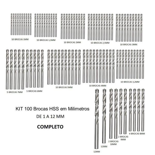 Imagem de Kit 100 Brocas Aço Rapido 1 mm  a 12 mm HSS DIN338