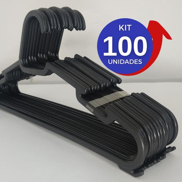 Imagem de Kit 100 cabide preto reforçado SLIM resistente para roupa adulto camiseta camisa lojas