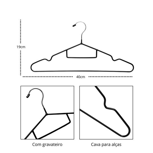 Imagem de Kit 100 Cabides Preto Metal Emborrachado PVC Antideslizante - Organização de Roupas Adulto