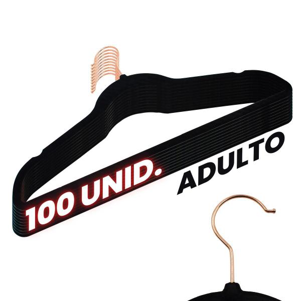 Imagem de Kit 100 Cabides Veludo Preto Gancho Rose Antideslizante 45cm