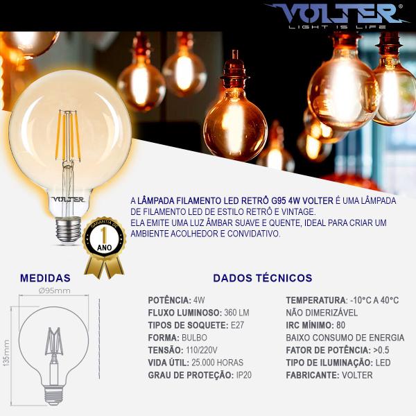 Imagem de Kit 100 Lâmpadas Led Retrô Filamento G95 4w E27 2200k Volter