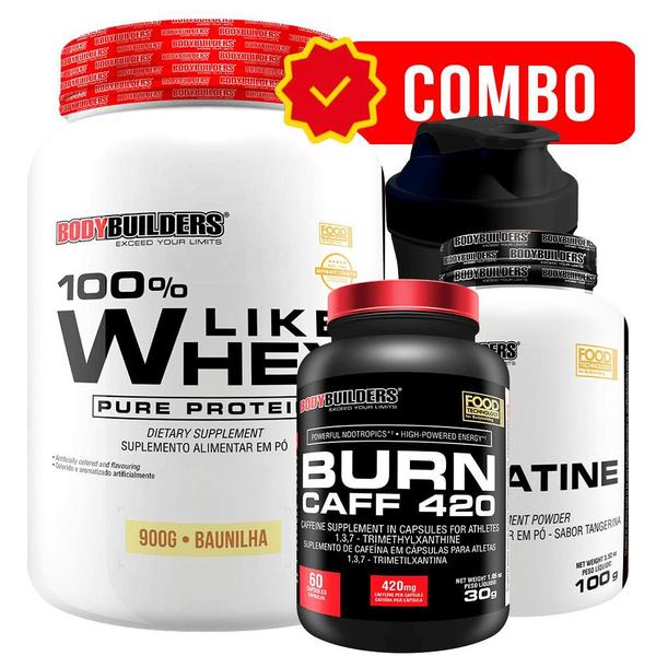 Imagem de Kit 100% Like Whey 900g + Burn Caff 60 caps  + Power Creatina 100g + Coqueteleira - Bodybuilders