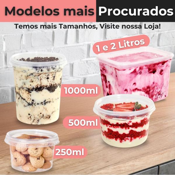 Imagem de Kit 100 Potes Redondos de Plástico Pote Para Bolo 250ml Transparente Com Tampa Lacre