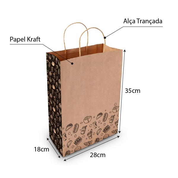 Imagem de Kit 100 Sacolas Kraft FastFood Delivery M1 35x28x18cm