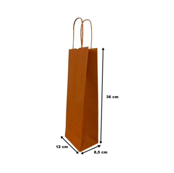 Imagem de Kit 100 Sacolas Papel Kraft Laranja Garrafa Vinho Bebidas Loja Presente 12x36x8,5cm Fundo Reforçado