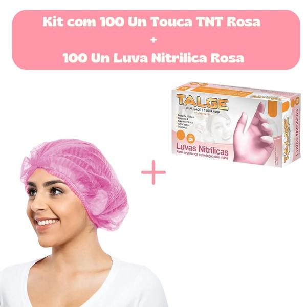 Imagem de Kit 100 Toucas TNT Rosa + 100 Luvas Nitrilicas Rosa