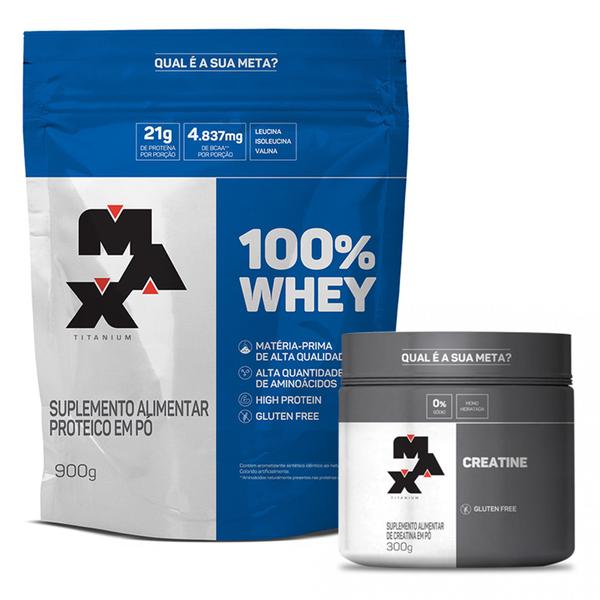 Kit 100% Whey Max 900g Refil + Creatina 300g Pura -Max Titanium Imagem de Kit 100% Whey Max 900g Refil + Creatina 300g Pura -Max Titanium