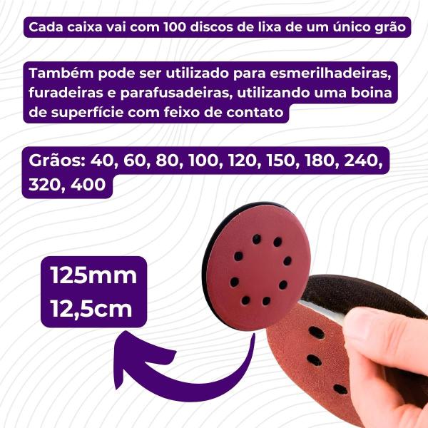 Imagem de Kit 100x Disco Lixa 125mm Com Fechamento de Contato Lixadeira Roto Orbital - Fertak