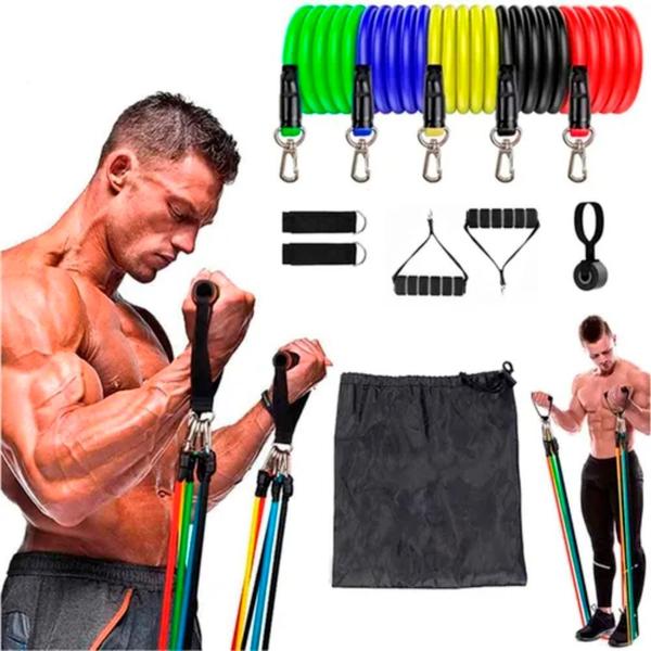 Imagem de Kit 11 Elásticos Extensor Treino Resistente Exercicio Tensão Power Bands Academia Musculação Fitness