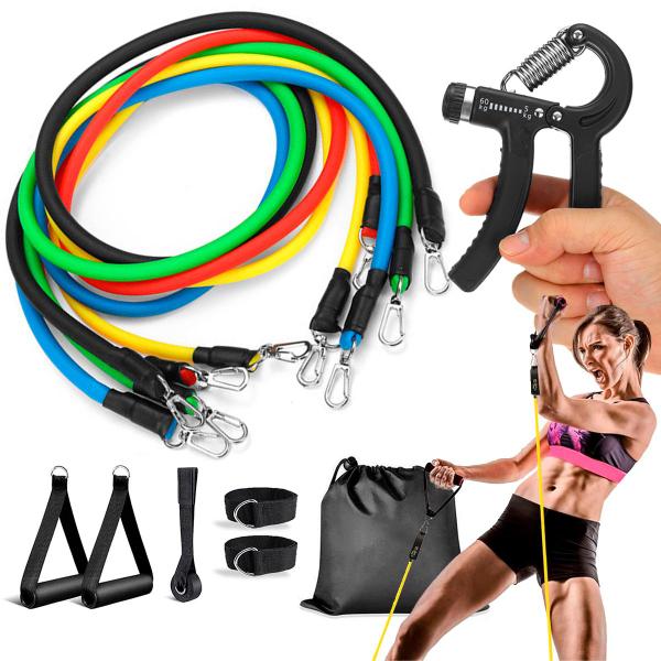 Imagem de Kit 11 Elásticos Tubing Extensores + Hand Grip Fortalecedor de Mão Punho Fisioterapia Treino em casa