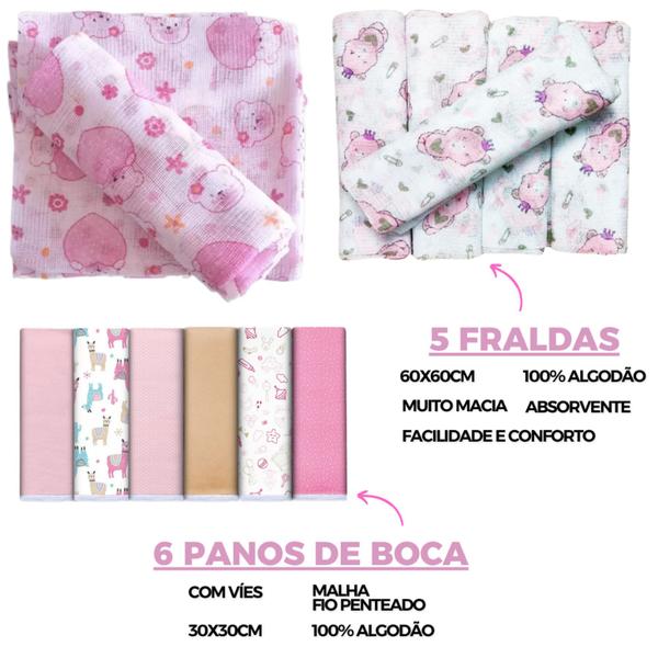 Imagem de Kit 11 Peças - 5 Fraldas Passeio 60x60cm + 6 Paninho de Boca 30x30cm 100% Algodão Fio Penteado 30/1