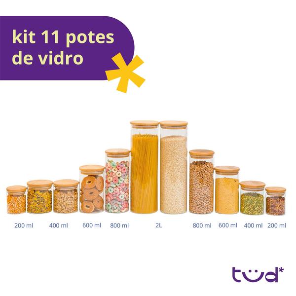 Imagem de Kit 11 potes de vidro com tampa de bambu herméticos redondos - Tüd