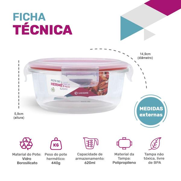 Imagem de Kit 11 Potes Hermético Vidro Redondo Médio Salada Fit 620ml