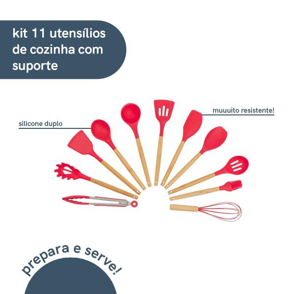 Imagem de Kit 11 utensílios de cozinha de silicone e madeira com suporte - Oikos