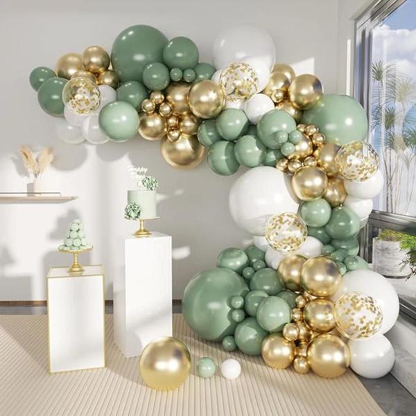 Imagem de Kit 110 Baloes Verde Eucallipto Dourado Metalizado Liso Branco P/ Arco Desconstruido Bexiga Festa Decoração+Fita5mts