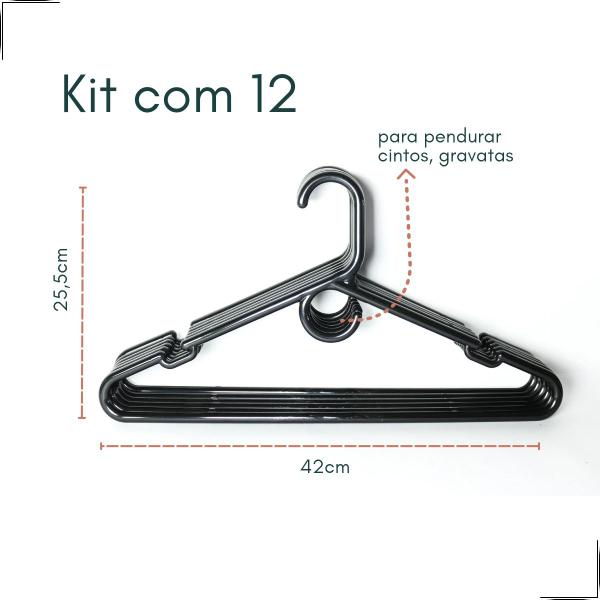 Imagem de Kit 12 Cabides de Roupa 10mm Adulto Reforçado Preto