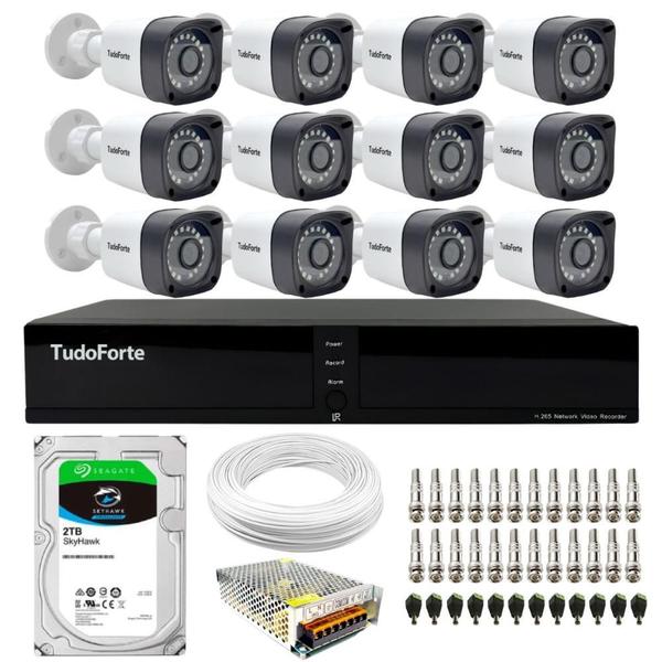 Imagem de Kit 12 Câmeras Tudo Forte TF 1220 B Full HD 1080p Bullet com Visão Noturna 20M Proteção IP66 + DVR Tudo Forte TFHDX 3316 16 Canais + HD SkyHawk 2TB