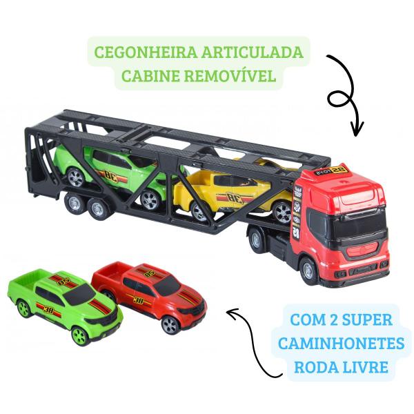 Imagem de Kit 12 Caminhão Cegonheiro Brinquedo Com Rampa E 2 Caminhonetes Pickup Infantil Articulável