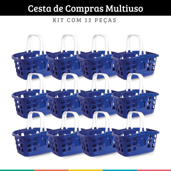 Imagem de Kit 12 Cestas de Compras Cestinha Supermercado Multiuso Azul