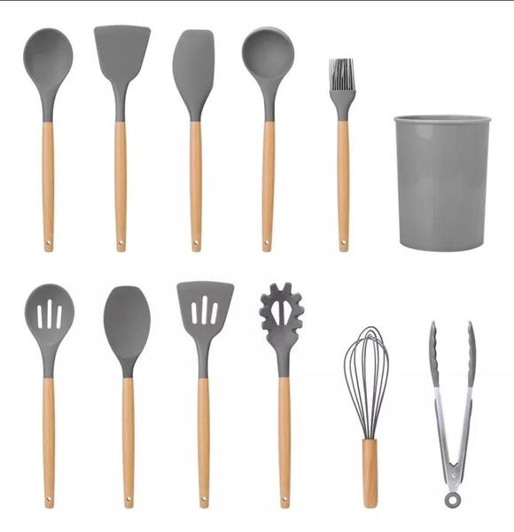 Imagem de Kit 12 Colheres De Silicone Cabo Madeira Utensílios Cozinha Resistente ao Calor Antiaderente Premium Presente dia das Mães 