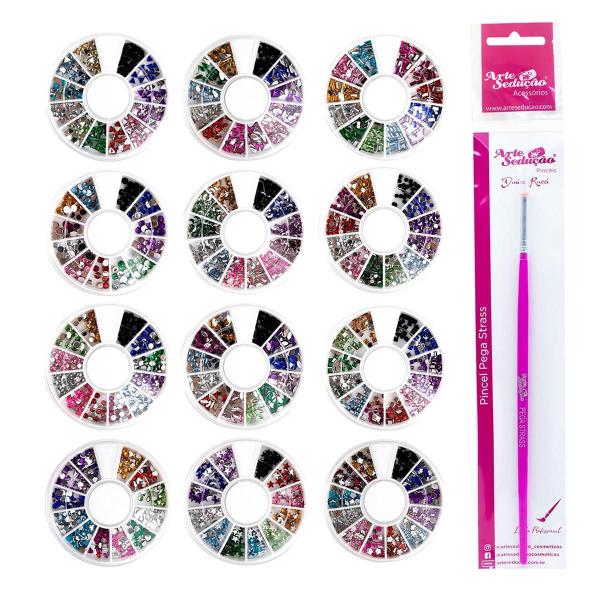 Imagem de Kit 12 Discos Strass Variados Pedraria + Pincel Pega Strass