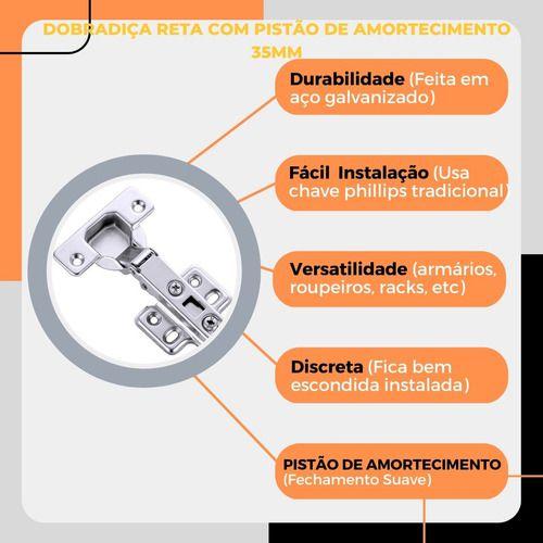 Imagem de Kit 12 Dobradiça Reta 35mm Amortecedor Porta Madeira 35mm