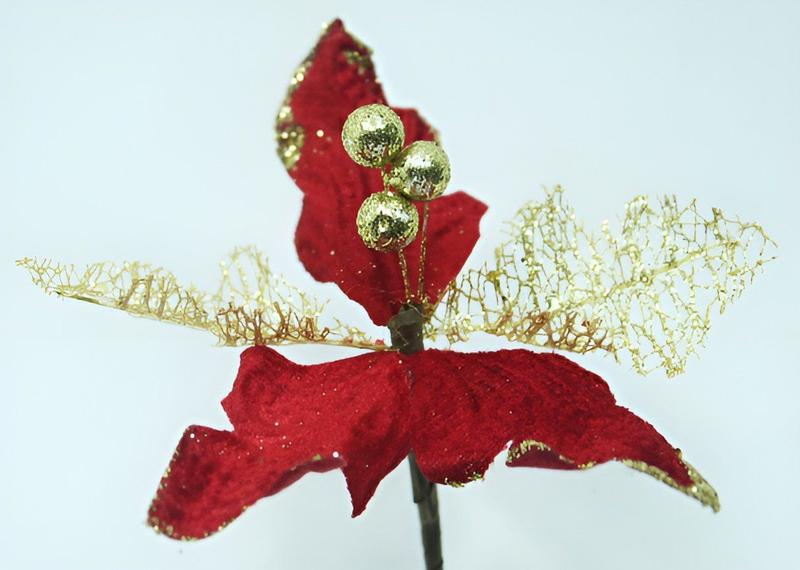 Imagem de Kit 12 Flor Artificial Decoração Brilho Gliter Vermelho 15cm