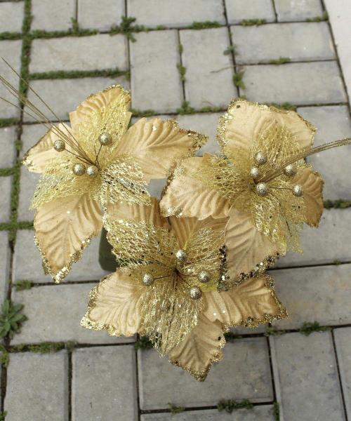 Imagem de Kit 12 Flores Artificial Glitter Enfeite Dourado Natal 25cm