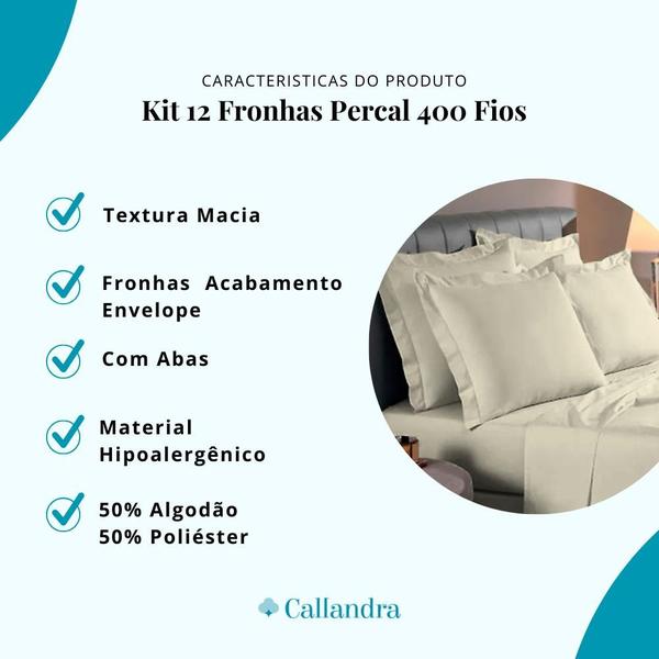 Imagem de Kit 12 Fronhas Percal 400 Fios com 3 Abas para Travesseiro 50x70