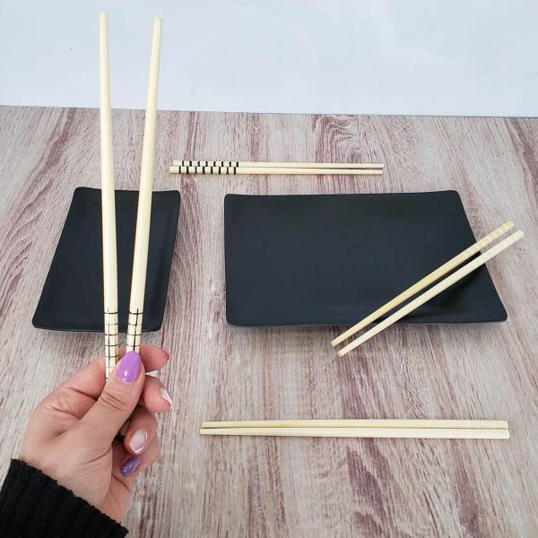 Imagem de Kit 12 Hashis de Bambu Palitos de Comida Japonesa Sushi 24cm Estampas Geométricas