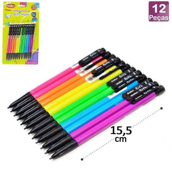 Imagem de Kit 12 lapiseiras 0.7mm neon com borracha papelaria moderna