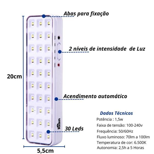 Imagem de Kit 12 Luminária De Emergência 30leds 1,5w Bivolt 6.500k