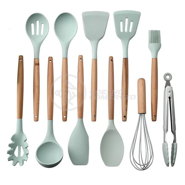 Imagem de Kit 12 Peças Conjunto de Cozinha Utensílios de Silícone com Espatulas Pincel Batedor Manual - Verde