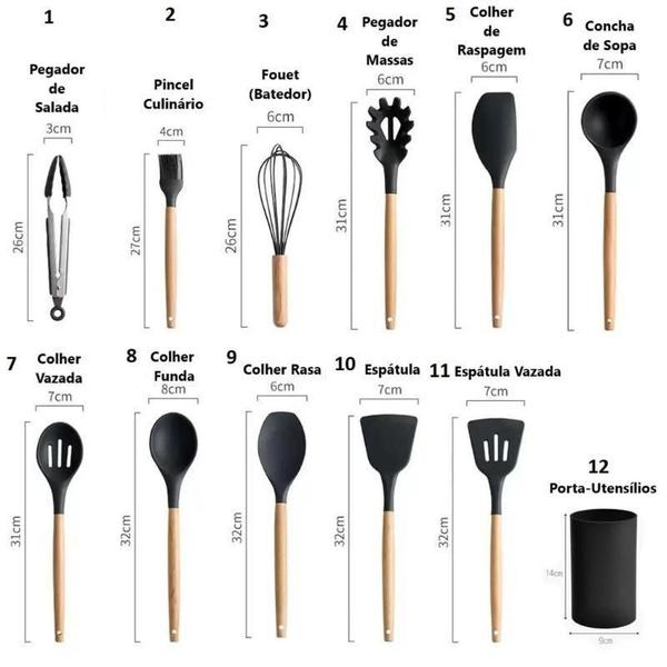 Imagem de Kit 12 Peças Talheres Utensílios Em Silicone Cabo Madeira