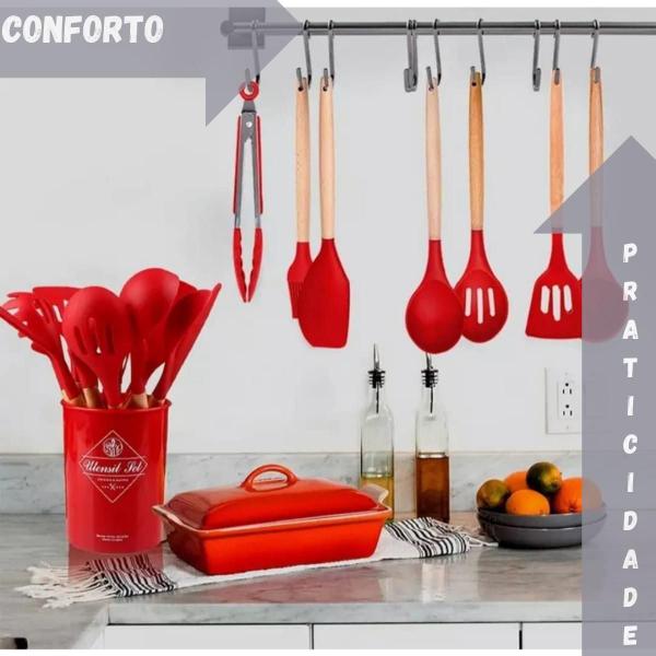 Imagem de Kit 12 Peças Utensílios Cozinhha Cabo Madeira Silicone